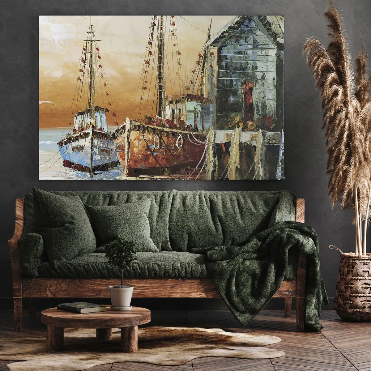 Bild auf Leinwand - Leinwandbild - Boote am Ufer im warmen Licht des Sonnenuntergangs - 70x50cm - Friedliche Rückkehr - Moderne Wanddekoration für Wohnzimmer und Schlafzimmer ARTTOR