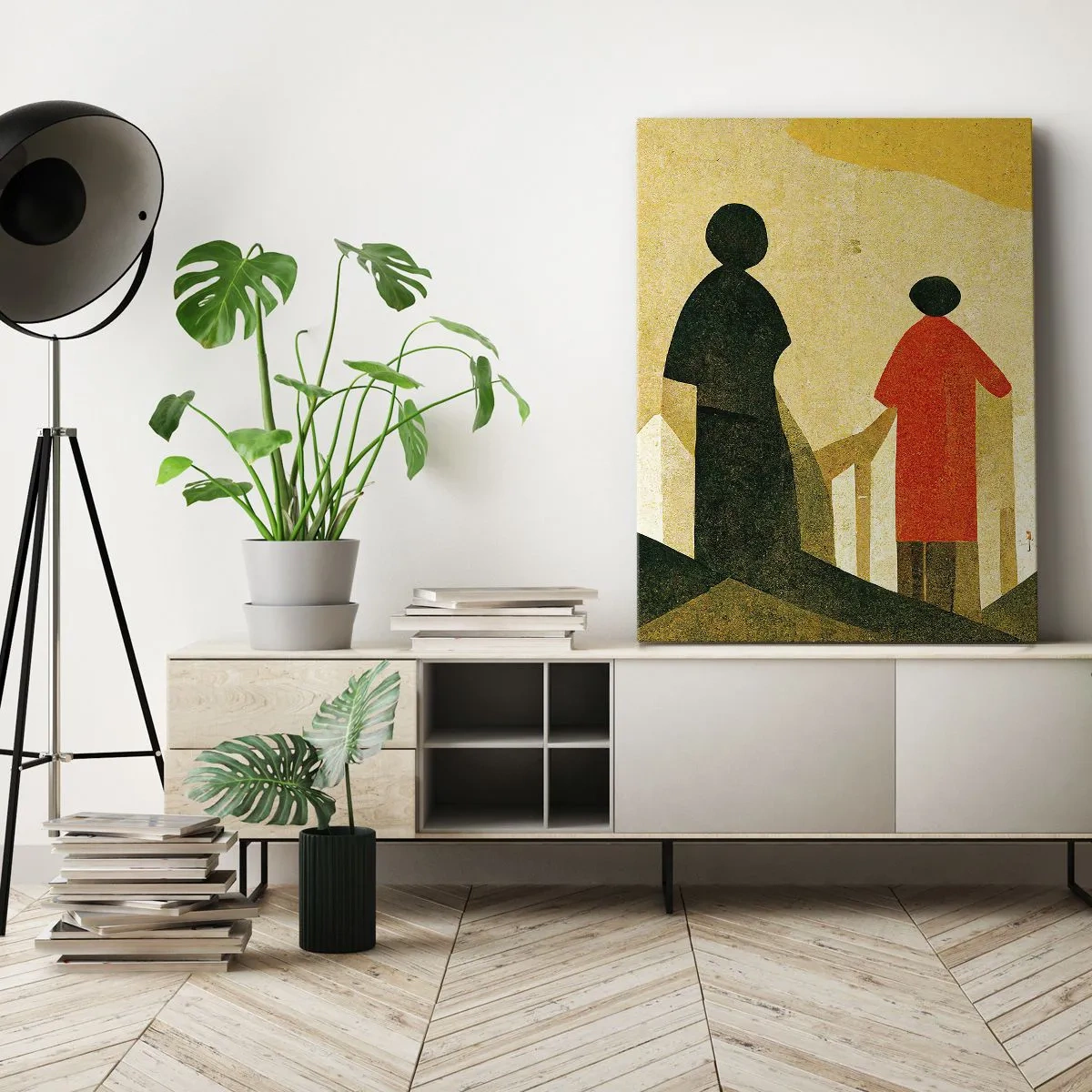 Bild auf Leinwand - Leinwandbild - Geometrische Silhouetten in Rot und Grün auf gelbem Hintergrund - 80x120cm - Es ist noch ein langer Weg - Moderne Wanddekoration für Wohnzimmer und Schlafzimmer ARTTOR
