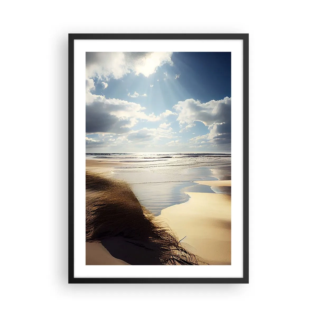 Poster in einem schwarzem Rahmen - Strand bei Sonnenuntergang mit Wellen und Wolken - 50x70cm - Strand, wilder Strand - Moderne Wanddekoration für Wohnzimmer und Schlafzimmer ARTTOR