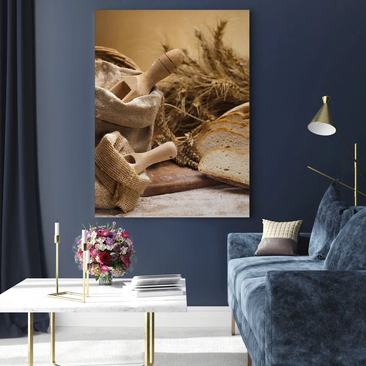 Glasbild - Bild auf glas - Eine Landschaft mit Brot, Mehl und Ähren im rustikalen Stil. - 70x100cm - Wie mit einem Messer geschnitten - Moderne Wanddekoration für Wohnzimmer und Schlafzimmer ARTTOR