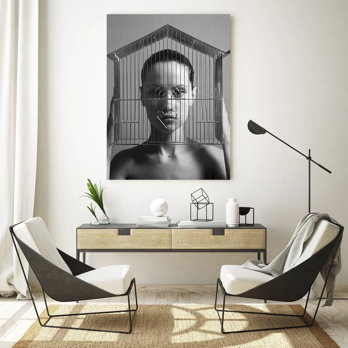 Glasbild - Bild auf glas - Frau hinter einem Käfig im surrealen Stil - 70x100cm - Ein leicht surreales Portrait - Moderne Wanddekoration für Wohnzimmer und Schlafzimmer ARTTOR