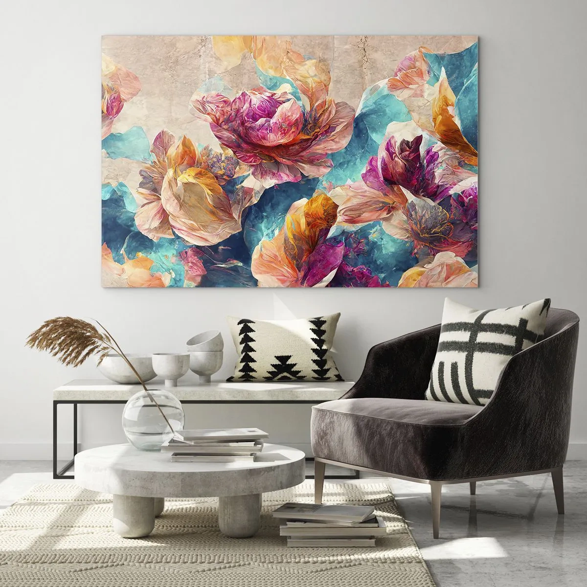Glasbild - Bild auf glas - Bunte Blumen vor einem Aquarellhintergrund - 70x50cm - Farbenpracht des Straußes - Moderne Wanddekoration für Wohnzimmer und Schlafzimmer ARTTOR