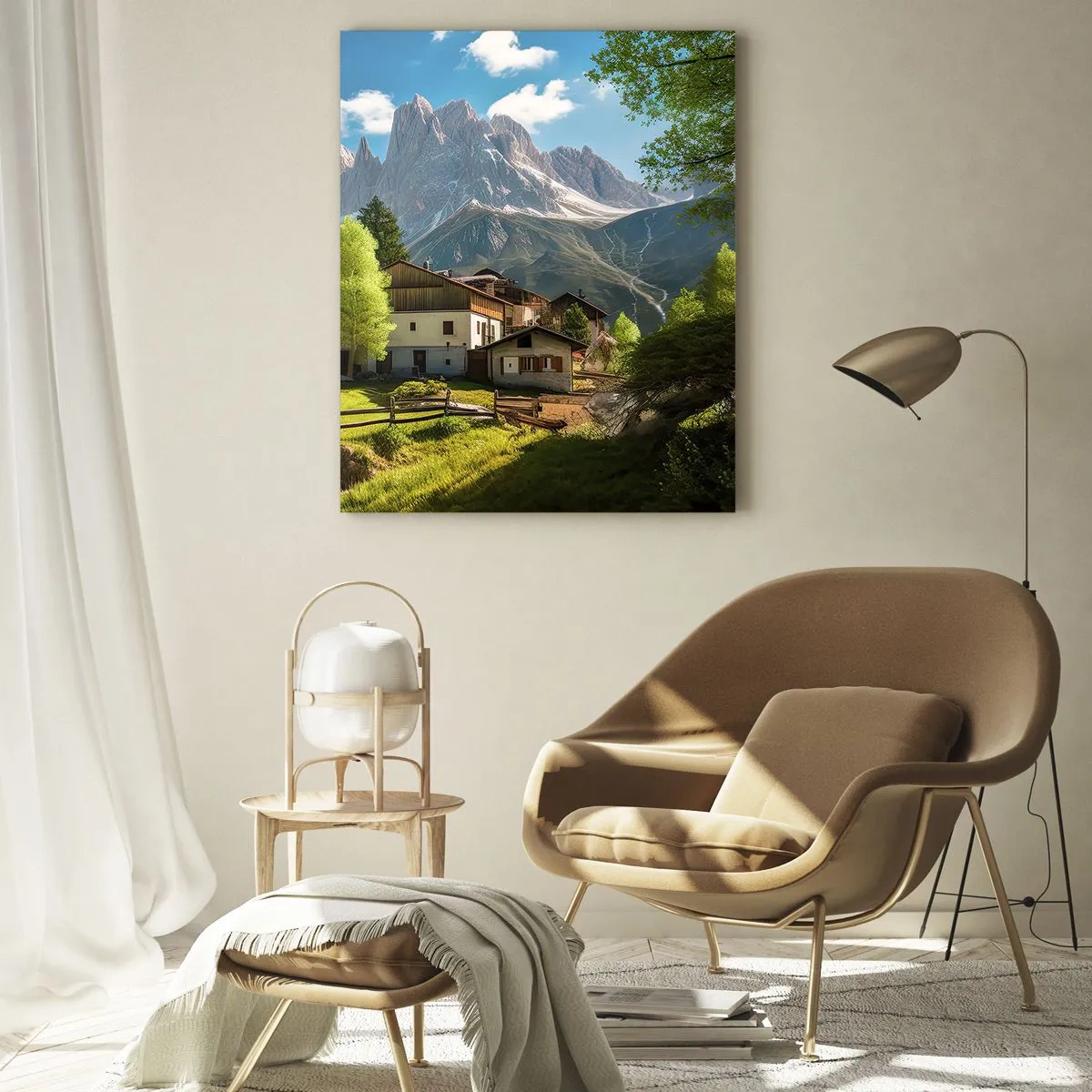Glasbild - Bild auf glas - Ein Bergdorf mit Häusern und Blick auf die Alpen - 80x120cm - Alpenidylle - Moderne Wanddekoration für Wohnzimmer und Schlafzimmer ARTTOR