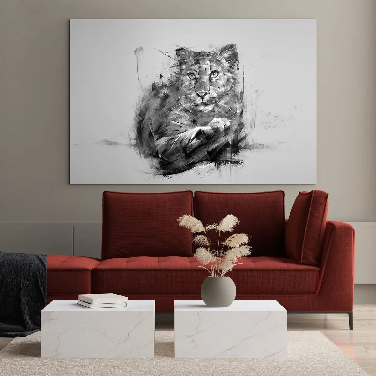 Glasbild - Bild auf glas - Eine Zeichnung eines Tigers im monochromen Stil auf hellem Hintergrund - 120x80cm - Ja, ich höre aufmerksam zu - Moderne Wanddekoration für Wohnzimmer und Schlafzimmer ARTTOR