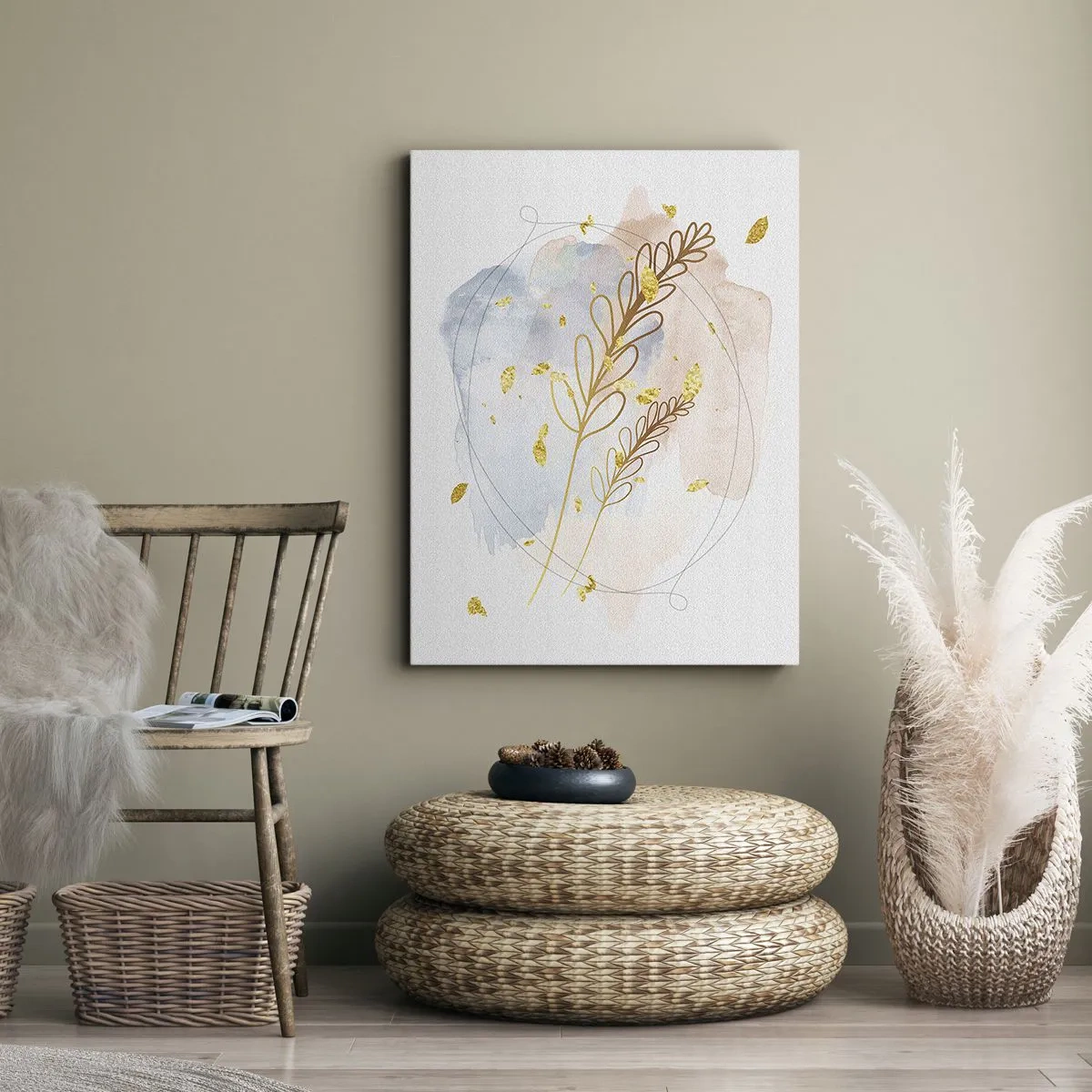 Bild auf Leinwand - Leinwandbild - Ein zartes goldenes Blattmotiv auf pastellfarbenem Hintergrund mit Aquarelldetails. - 50x70cm - Goldenr Hauch - Moderne Wanddekoration für Wohnzimmer und Schlafzimmer ARTTOR