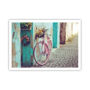 Poster - Ein rosa Fahrrad neben einer türkisfarbenen Tür - 100x70cm - Ich komme gleich wieder - Moderne Wanddekoration für Wohnzimmer und Schlafzimmer ARTTOR