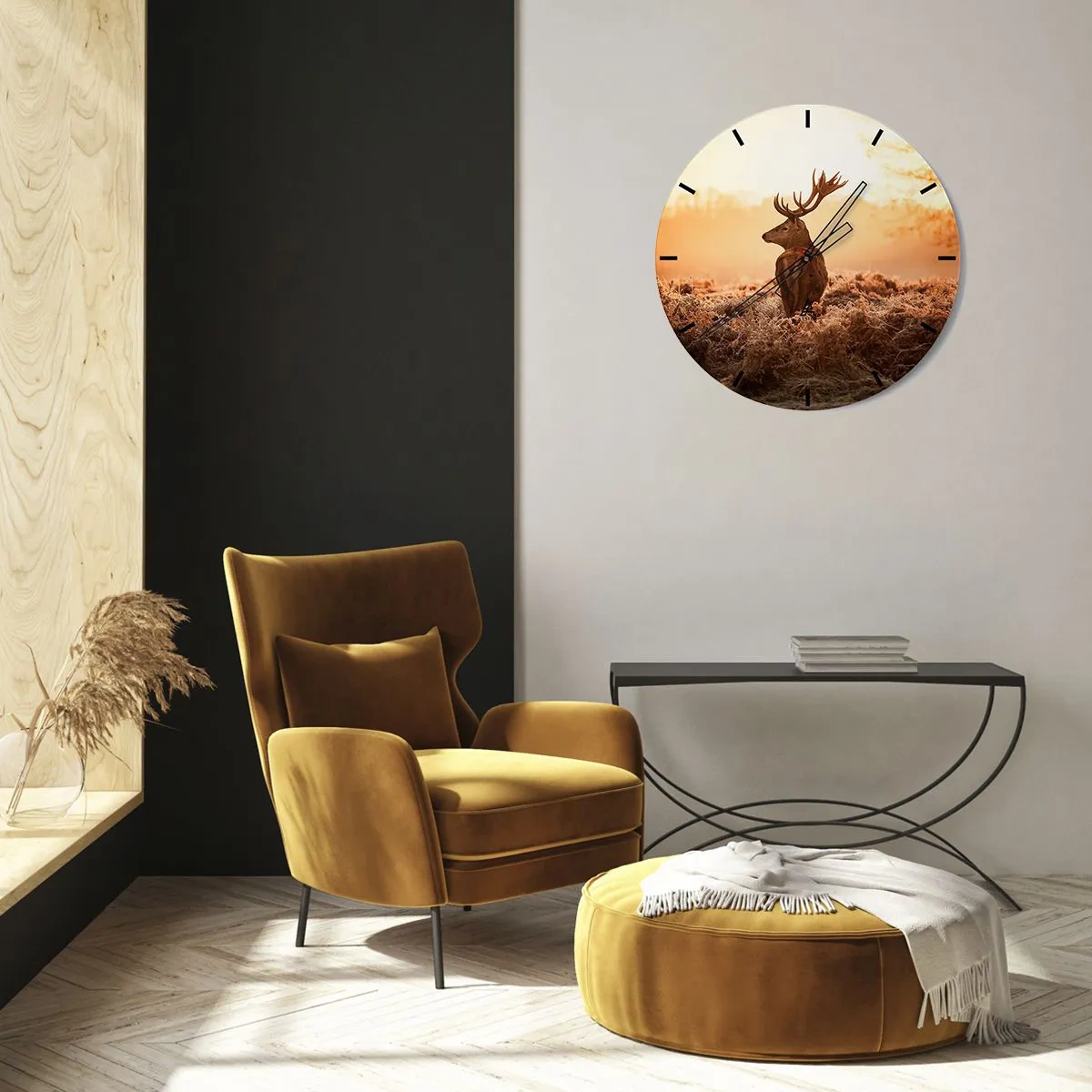 Wanduhr - Glasuhr - Hirsch im Morgennebel in warmen Goldtönen - 30x30cm - Herr im eigenen Land - Moderne Wanddekoration für Wohnzimmer, Küche und Schlafzimmer ARTTOR
