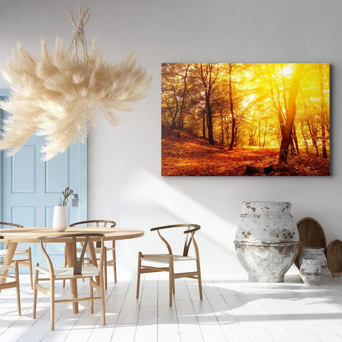 Bild auf Leinwand - Leinwandbild - Herbstlichtung im goldenen Sonnenlicht mit einem Waldweg - 70x50cm - Auf die goldene Lichtung - Moderne Wanddekoration für Wohnzimmer und Schlafzimmer ARTTOR