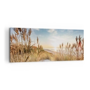Bild auf Leinwand - Leinwandbild - Ein malerischer Strand mit Gras und untergehender Sonne - 120x50cm - Nordstrand - Moderne Wanddekoration für Wohnzimmer und Schlafzimmer ARTTOR