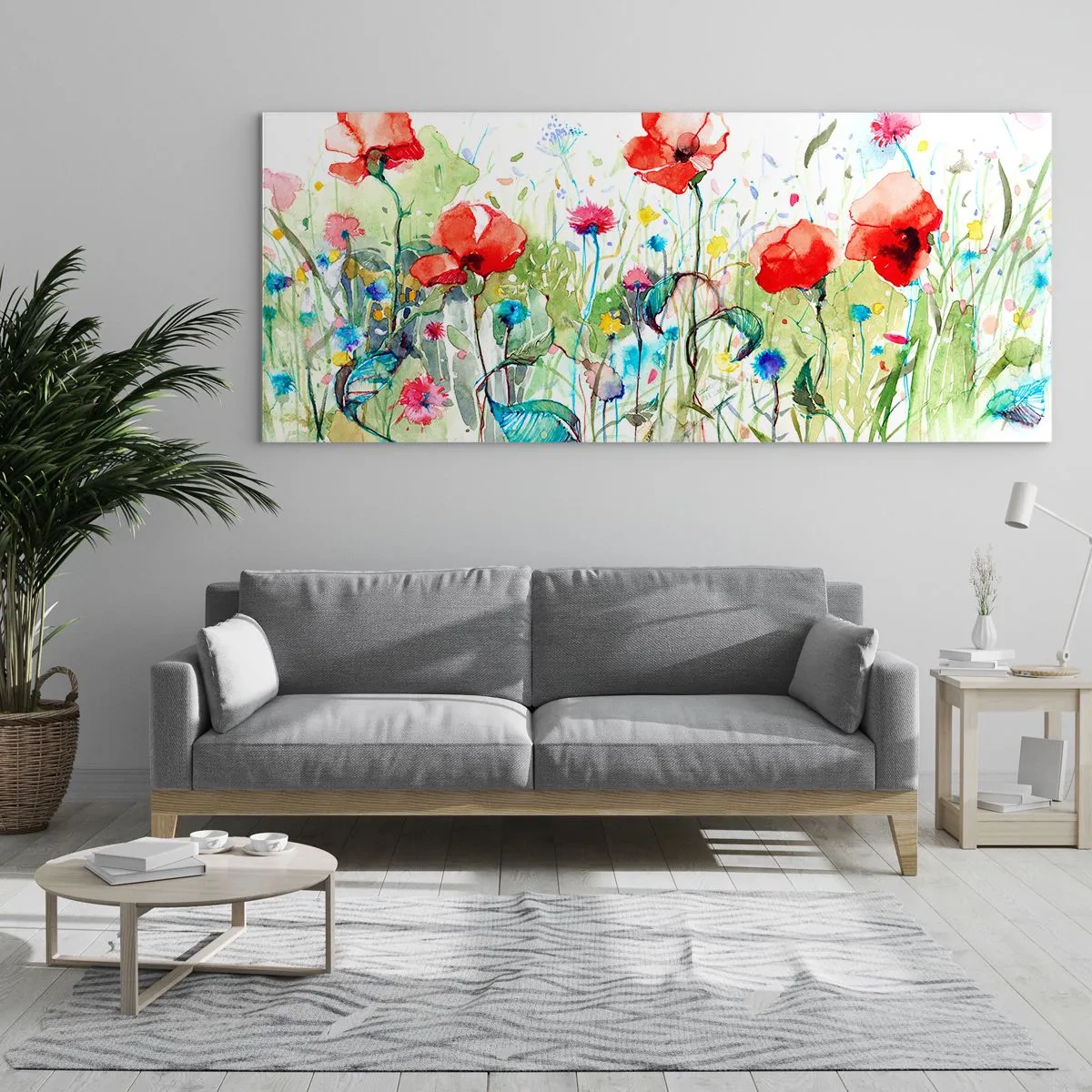 Glasbild - Bild auf glas - Eine Wiese mit roten Mohnblumen und bunten Blumen in Aquarell - 160x50cm - Blühende Maiwiese - Moderne Wanddekoration für Wohnzimmer und Schlafzimmer ARTTOR