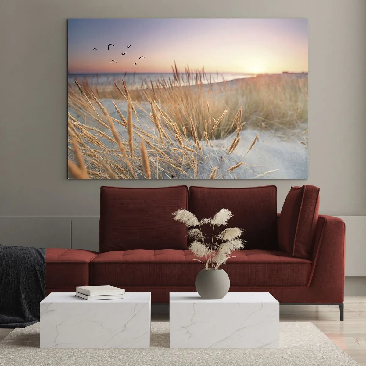 Glasbild - Bild auf glas - Ein Strand mit Gras und die Sonne geht über dem Meer unter - 70x50cm - Das baltische Wiegenlied - Moderne Wanddekoration für Wohnzimmer und Schlafzimmer ARTTOR