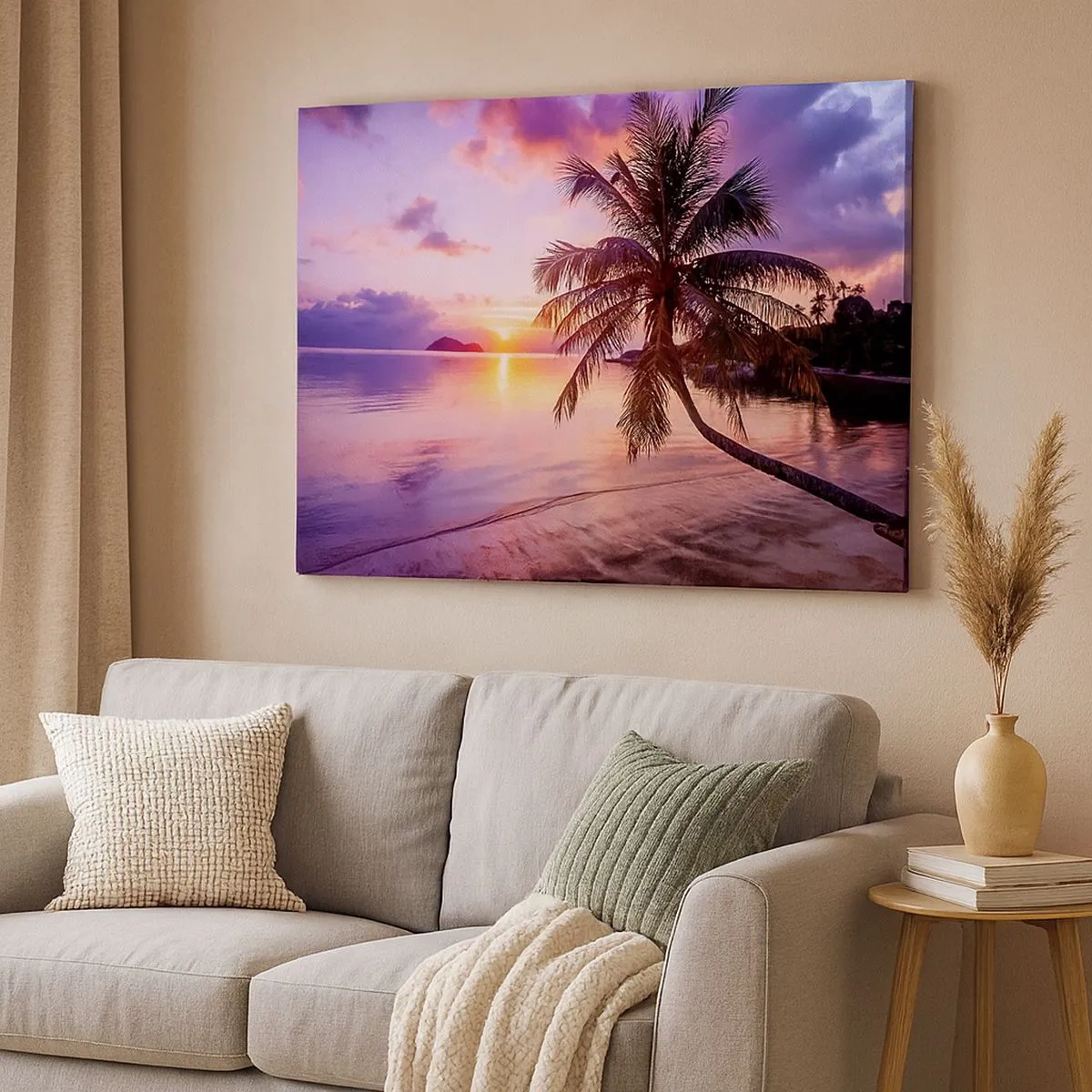Bild auf Leinwand - Leinwandbild - Tropischer Strand mit Palmen bei Sonnenuntergang - 70x50cm - Behaglichkeit bis zum Horizont - Moderne Wanddekoration für Wohnzimmer und Schlafzimmer ARTTOR