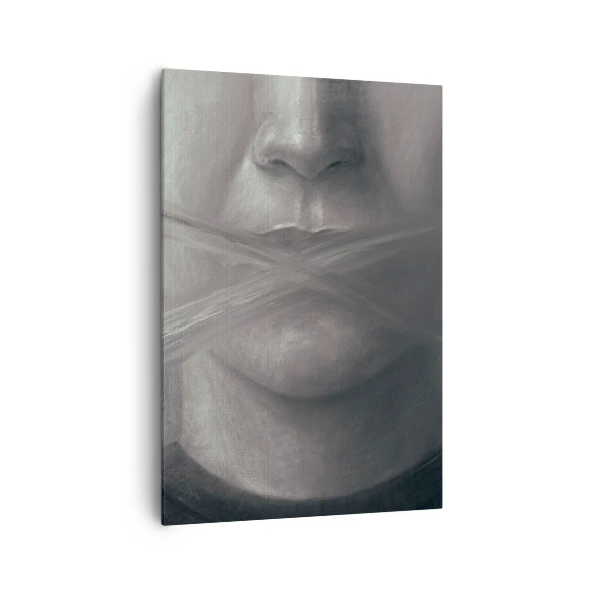 Bild auf Leinwand - Leinwandbild - Ein symbolisches Porträt mit verschwommenen Lippen in Grautönen. - 70x100cm - Ohne ein Wort - Moderne Wanddekoration für Wohnzimmer und Schlafzimmer ARTTOR