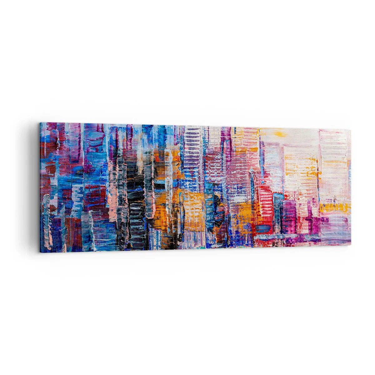Bild auf Leinwand - Leinwandbild - Ein farbenfrohes Panorama der Stadt mit Spiegelungen auf dem Wasser - 140x50cm - Fröhliche Metropole - Moderne Wanddekoration für Wohnzimmer und Schlafzimmer ARTTOR