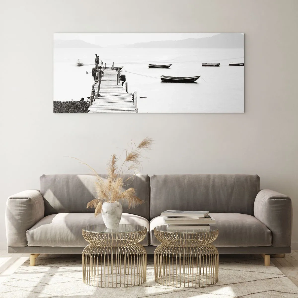 Glasbild - Bild auf glas - Holzsteg und Boote auf ruhigem Wasser - 120x50cm - Ruhig und sauber über dem Wasser - Moderne Wanddekoration für Wohnzimmer und Schlafzimmer ARTTOR