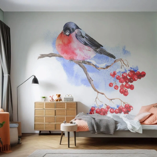 Fototapete Premium Sand - Winter in Farbe - Vogel auf einem Ast, Rote Eberesche, Grafik - 200x140 cm
