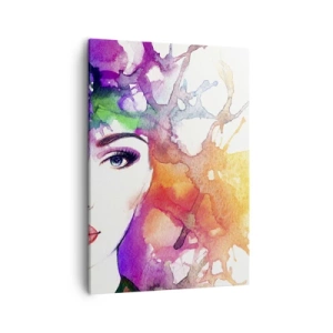 Bild auf Leinwand - Leinwandbild - Porträt einer Frau in Aquarellfarben mit abstrakten Flecken - 50x70cm - Mit dem Kopf in den Wolken - Moderne Wanddekoration für Wohnzimmer und Schlafzimmer ARTTOR