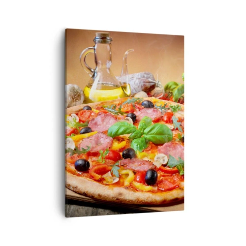 Bild auf Leinwand - Leinwandbild - Appetitliche Pizza auf einem Holztisch mit Belag - 50x70cm - Mit echtem italienischem Flair - Moderne Wanddekoration für Wohnzimmer und Schlafzimmer ARTTOR
