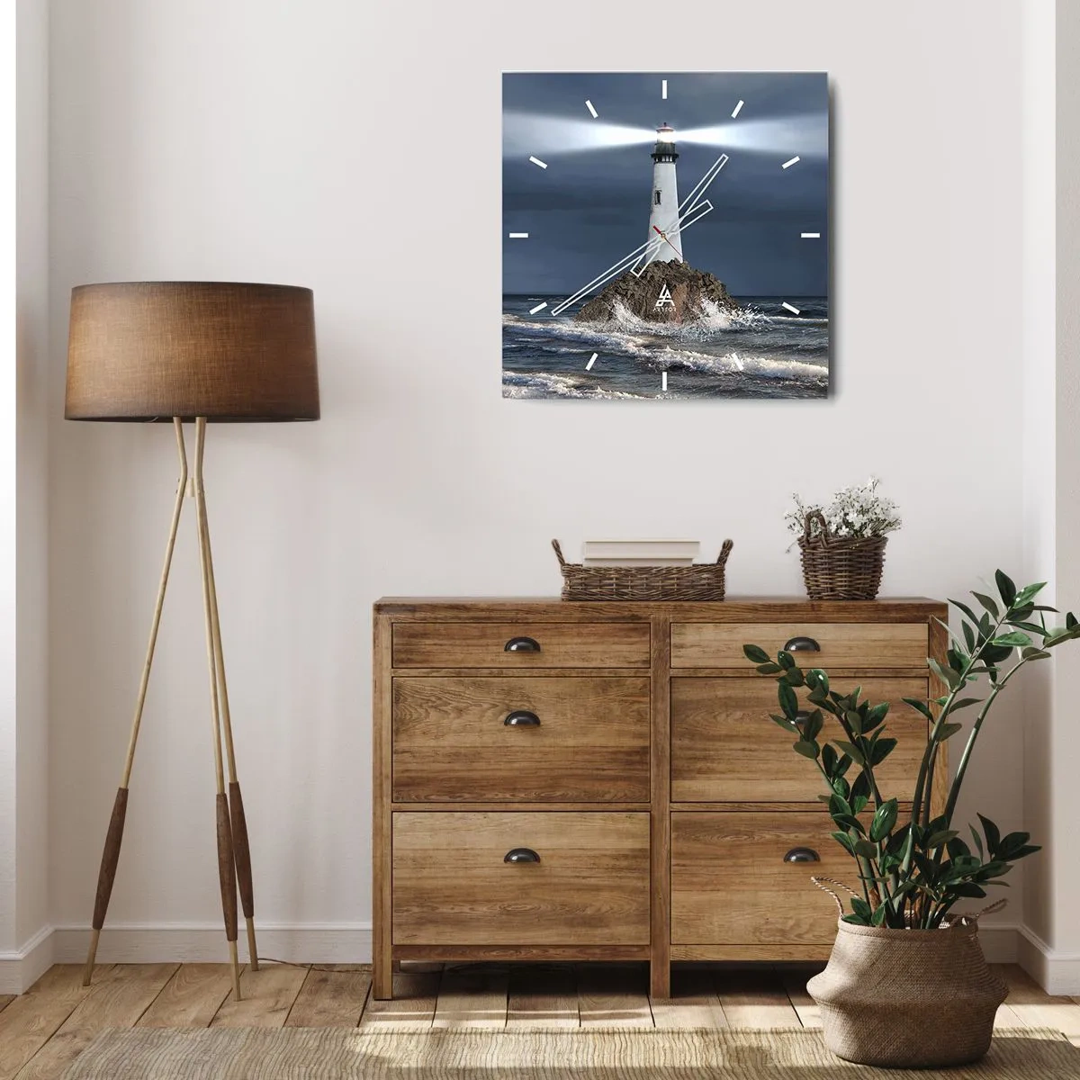 Wanduhr - Glasuhr - Ein Leuchtturm auf einem Felsen, umgeben von stürmischer See - 30x30cm - Hier... hier... hier! - Moderne Wanddekoration für Wohnzimmer und Schlafzimmer ARTTOR