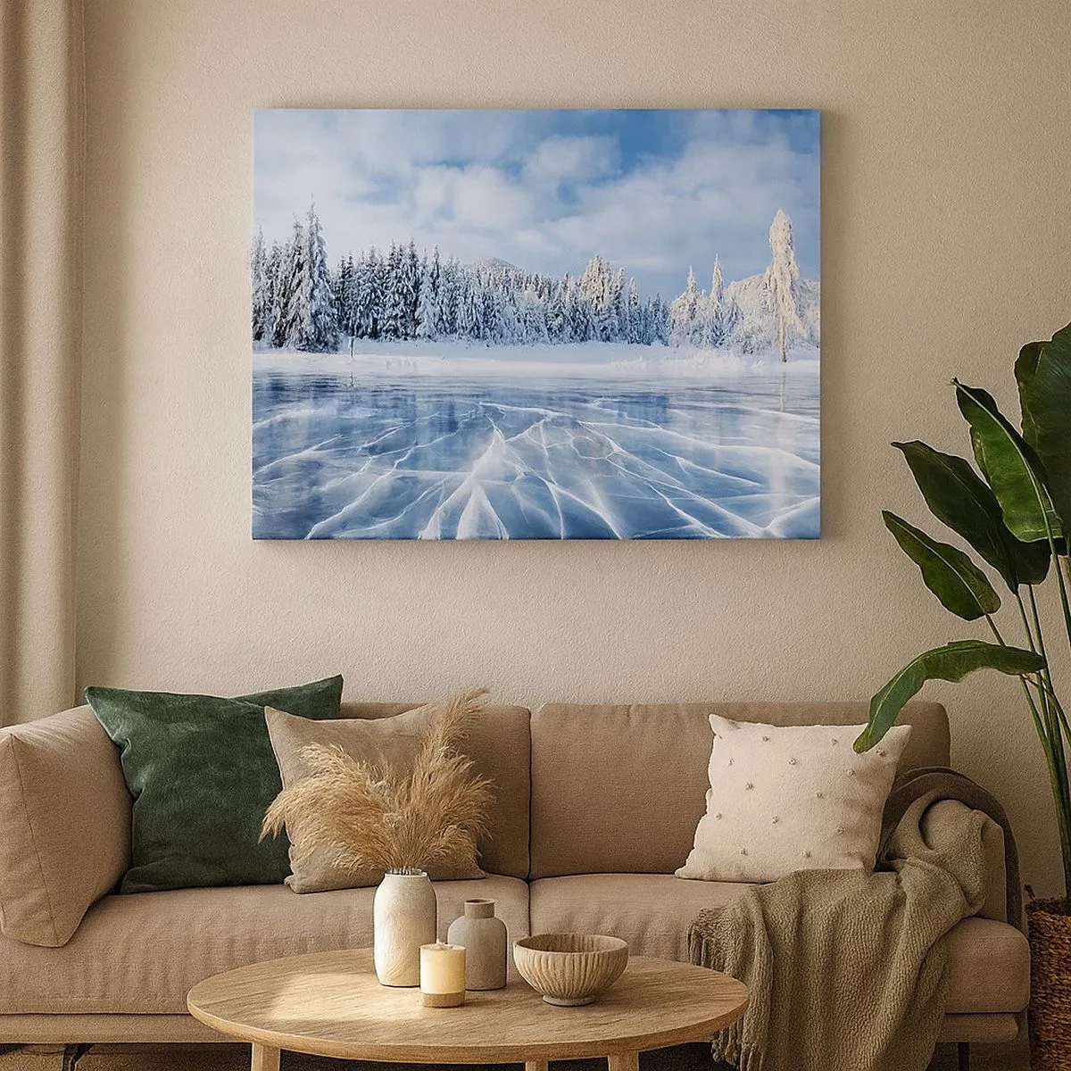 Bild auf Leinwand - Leinwandbild - Ein zugefrorener See, umgeben von einem schneebedeckten Wald - 70x50cm - Eine schillernde und kristallklare Aussicht - Moderne Wanddekoration für Wohnzimmer und Schlafzimmer ARTTOR