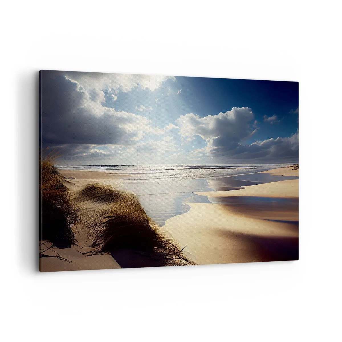 Bild auf Leinwand - Leinwandbild - Ein wilder Strand mit Dünen und blauem Himmel - 120x80cm - Strand, wilder Strand - Moderne Wanddekoration für Wohnzimmer und Schlafzimmer ARTTOR