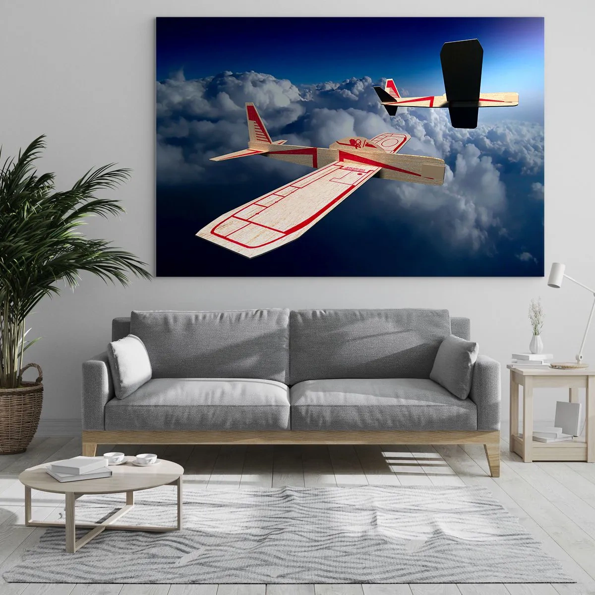 Glasbild - Bild auf glas - Modellflugzeuge gleiten in den Wolken - 120x80cm - Noch höher, noch weiter - Moderne Wanddekoration für Wohnzimmer und Schlafzimmer ARTTOR