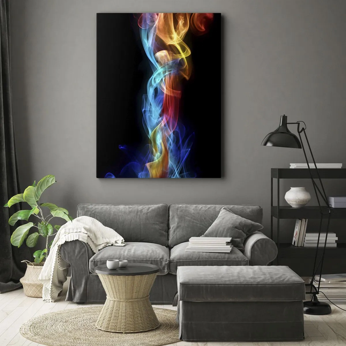 Bild auf Leinwand - Leinwandbild - Bunter Rauch auf schwarzem Hintergrund - 80x120cm - Regenbogentanz der Nebel - Moderne Wanddekoration für Wohnzimmer und Schlafzimmer ARTTOR