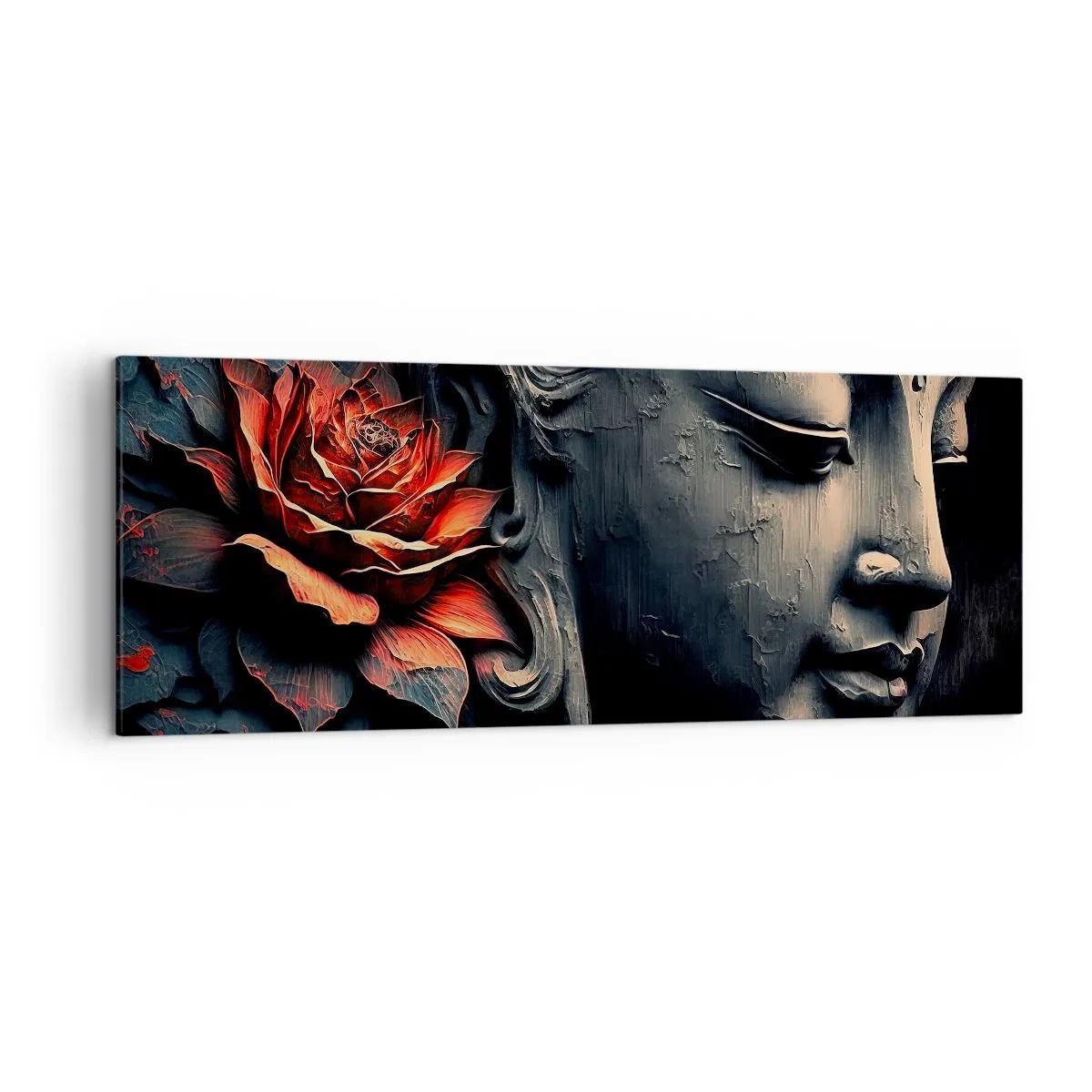 Bild auf Leinwand - Leinwandbild - Buddha-Skulptur mit einer roten Lotusblüte - 140x50cm - Im Einklang mit der Welt - Moderne Wanddekoration für Wohnzimmer und Schlafzimmer ARTTOR
