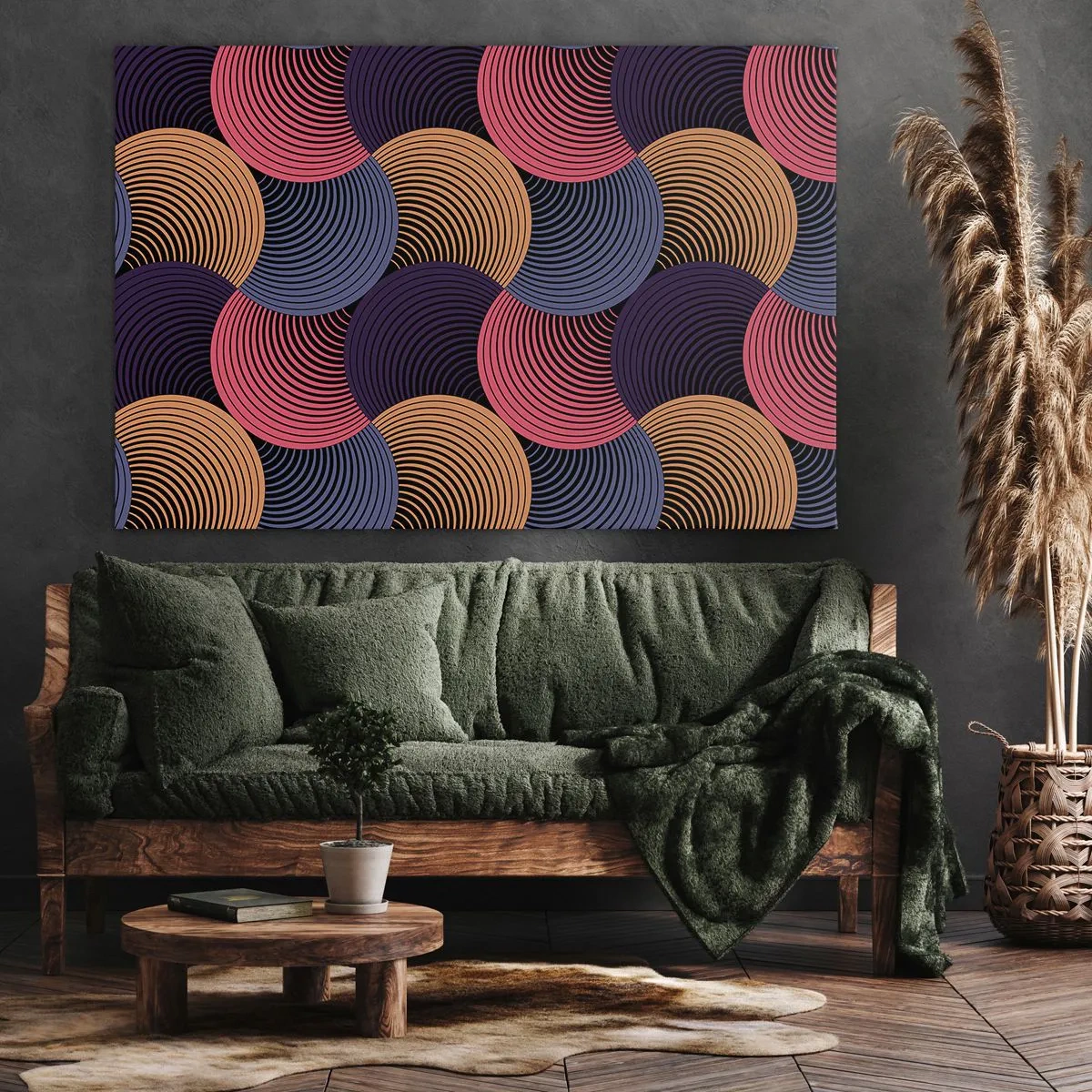 Bild auf Leinwand - Leinwandbild - Geometrische Kreise in Rosa-, Lila- und Goldtönen - 100x70cm - Im kreisenden Rhythmus - Moderne Wanddekoration für Wohnzimmer und Schlafzimmer ARTTOR