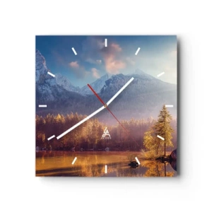 Wanduhr - Glasuhr - Malerischer Blick auf den Bergwald und den See im Morgengrauen - 30x30cm - In den Bergen und Tälern - Moderne Wanddekoration für Wohnzimmer und Schlafzimmer ARTTOR
