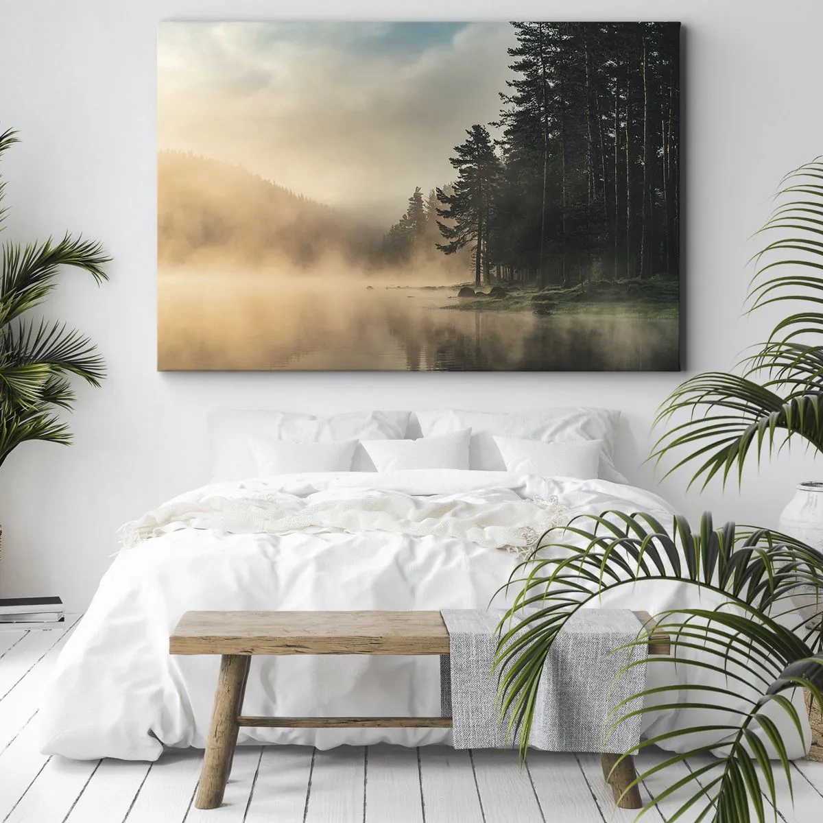 Bild auf Leinwand - Leinwandbild - Ein nebliger Wald über einem ruhigen See - 70x50cm - Die Geburt des Tages - Moderne Wanddekoration für Wohnzimmer und Schlafzimmer ARTTOR