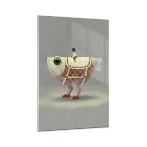 Glasbild - Bild auf glas - Ein schicker Fischreiter mit Beinen und Sattel - 80x120cm - Reiter auf einem surrealen Fisch - Moderne Wanddekoration für Wohnzimmer und Schlafzimmer ARTTOR