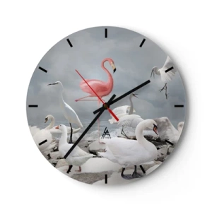 Wanduhr - Glasuhr - Ein rosa Flamingo zwischen weißen Schwänen und Reihern über dem Wasser - 30x30cm - Wie kam ich hier hin? - Moderne Wanddekoration für Wohnzimmer, Küche und Schlafzimmer ARTTOR