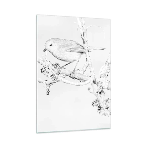 Glasbild - Bild auf glas - Ein Vogel sitzt auf einem Ast in einer monochromen Winterlandschaft. - 50x70cm - Wintermorgen - Moderne Wanddekoration für Wohnzimmer und Schlafzimmer ARTTOR