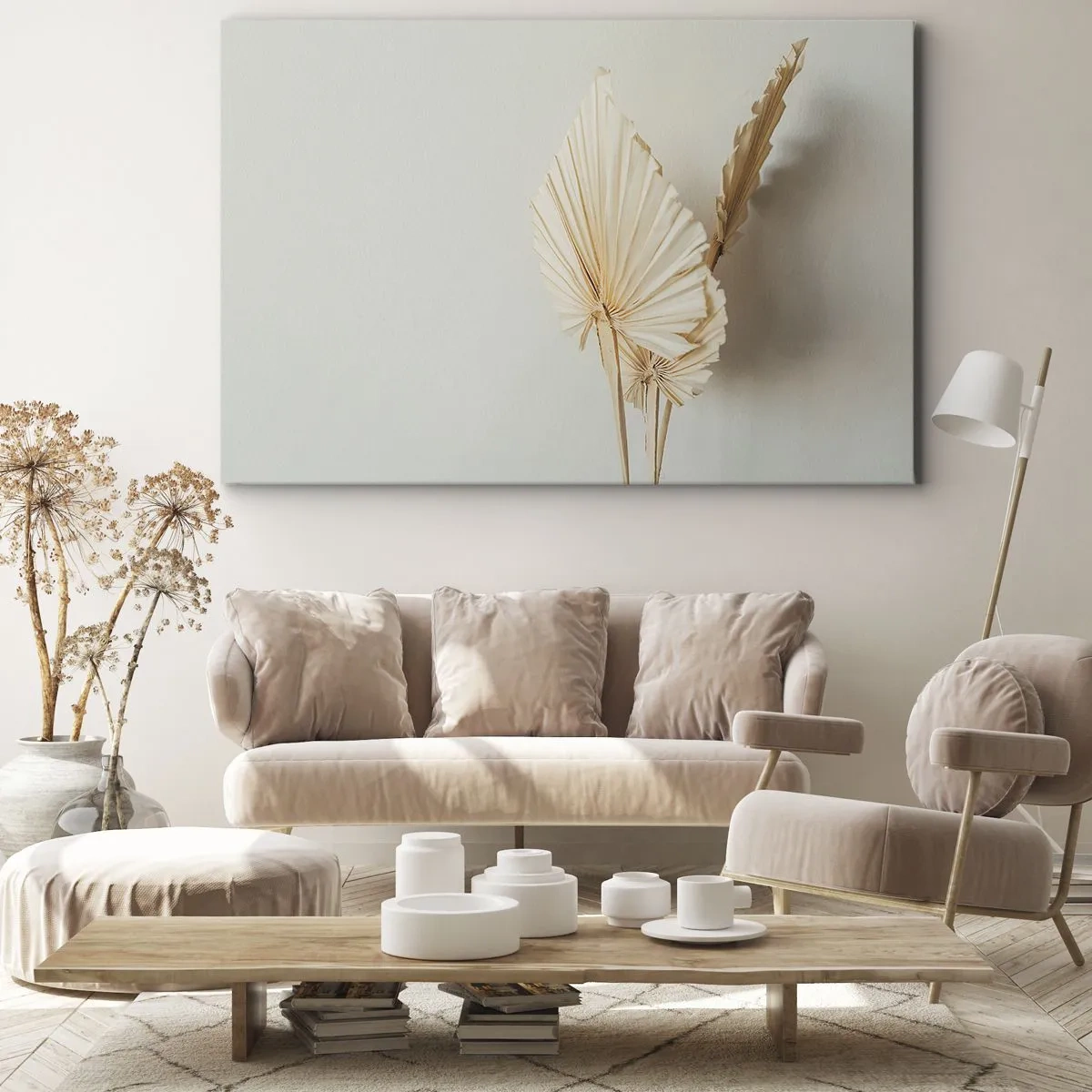 Bild auf Leinwand - Leinwandbild - Getrocknete Palmblätter in minimalistischem Arrangement - 100x70cm - Wenn Sie Erleichterung brauchen - Moderne Wanddekoration für Wohnzimmer und Schlafzimmer ARTTOR