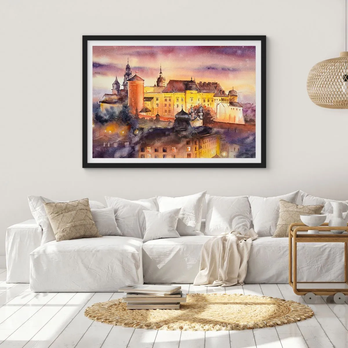 Poster in einem schwarzem Rahmen - Ein malerisches Aquarell einer Burg bei Sonnenuntergang - 70x50cm - Geschichte und Märchen - Moderne Wanddekoration für Wohnzimmer und Schlafzimmer ARTTOR