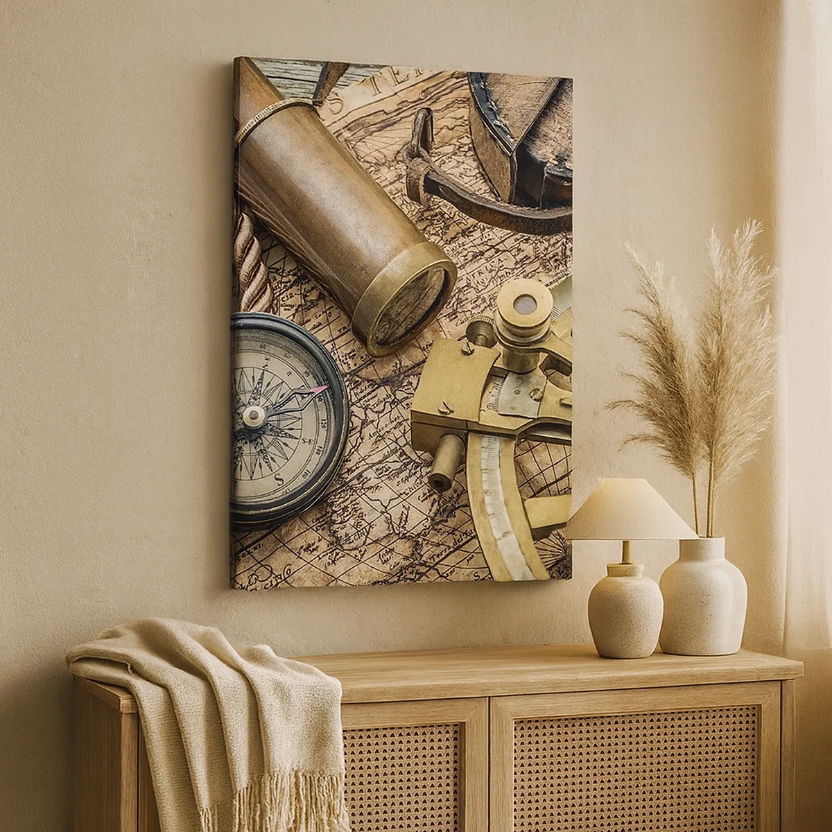 Bild auf Leinwand - Leinwandbild - Ein Kompass, ein Sextant und ein Teleskop vor dem Hintergrund einer alten Karte und eines Seeseils. - 50x70cm - Setze Sie einen Kurs - Moderne Wanddekoration für Wohnzimmer und Schlafzimmer ARTTOR