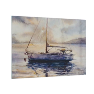 Glasbild - Bild auf glas - Eine Yacht, die in der Abenddämmerung in einer ruhigen Bucht vor Anker liegt - 70x50cm - Abend in der Bucht - Moderne Wanddekoration für Wohnzimmer und Schlafzimmer ARTTOR