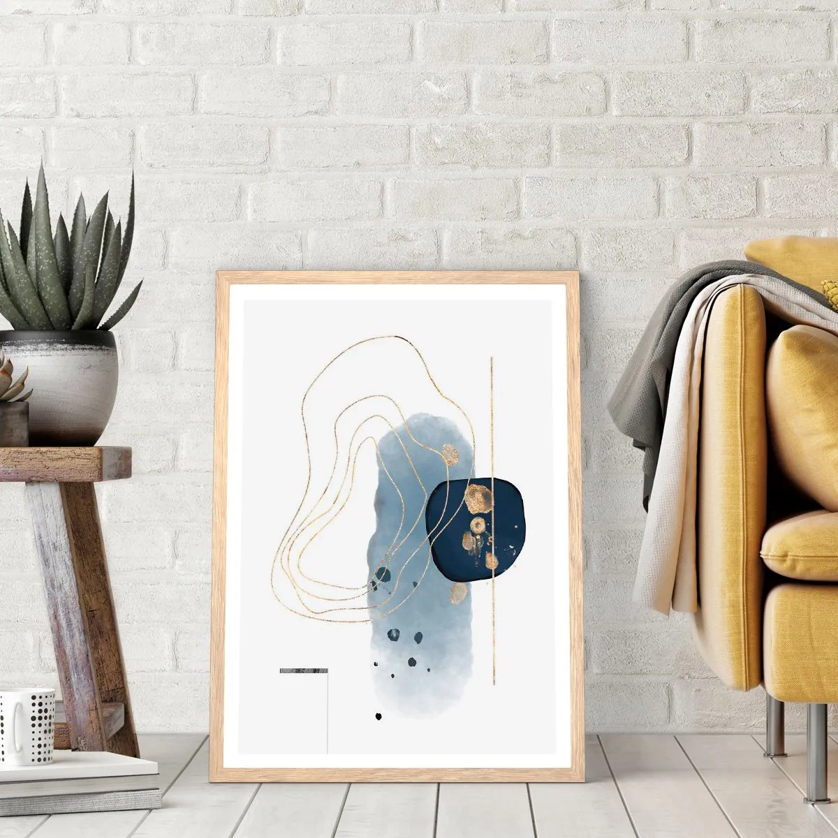 Poster in einem Rahmen aus heller Eiche - Blau-goldene Fantasie - 50x70 cm