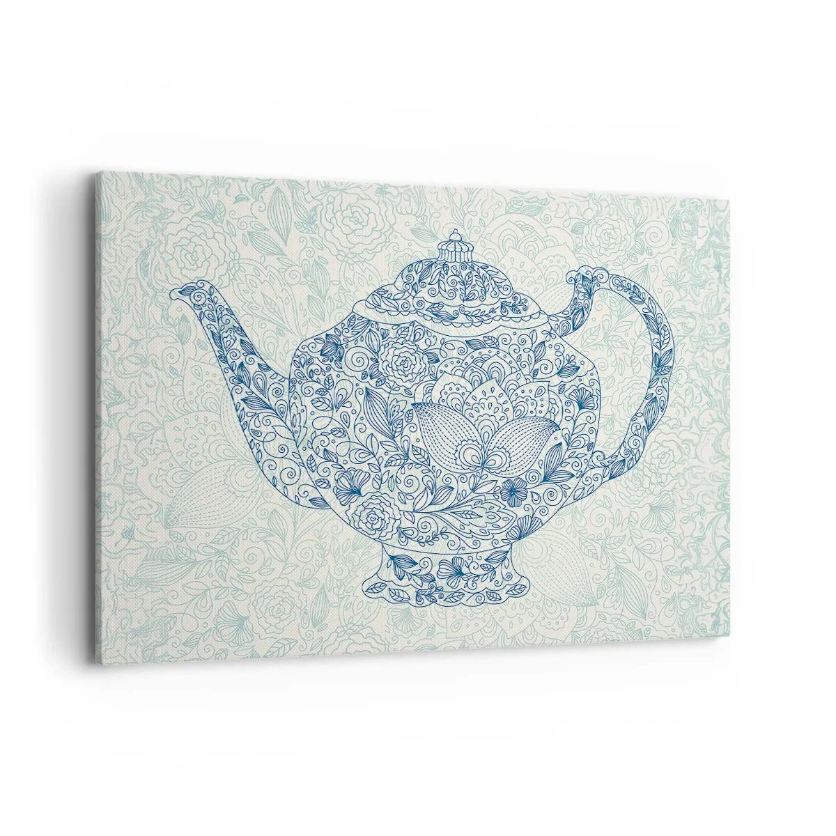 Bild auf Leinwand - Leinwandbild - Dekorative Zeichnung einer Teekanne mit blauen Ornamenten - 100x70cm - Tee-Charm - Moderne Wanddekoration für Wohnzimmer und Schlafzimmer ARTTOR