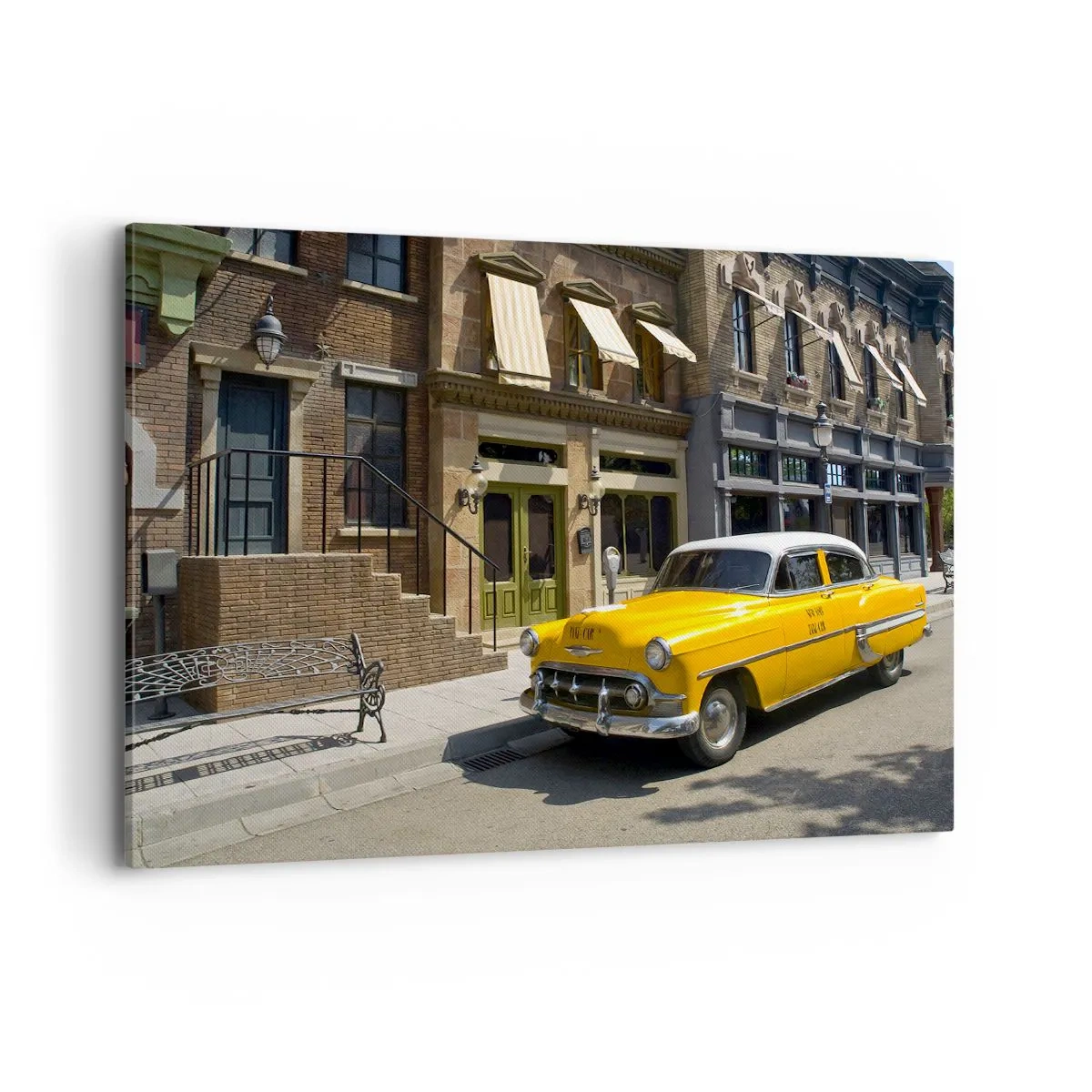 Bild auf Leinwand - Leinwandbild - Ein gelbes Taxi auf einer Straße mit Mietshäusern - 100x70cm - Vor langer Zeit in Amerika - Moderne Wanddekoration für Wohnzimmer und Schlafzimmer ARTTOR