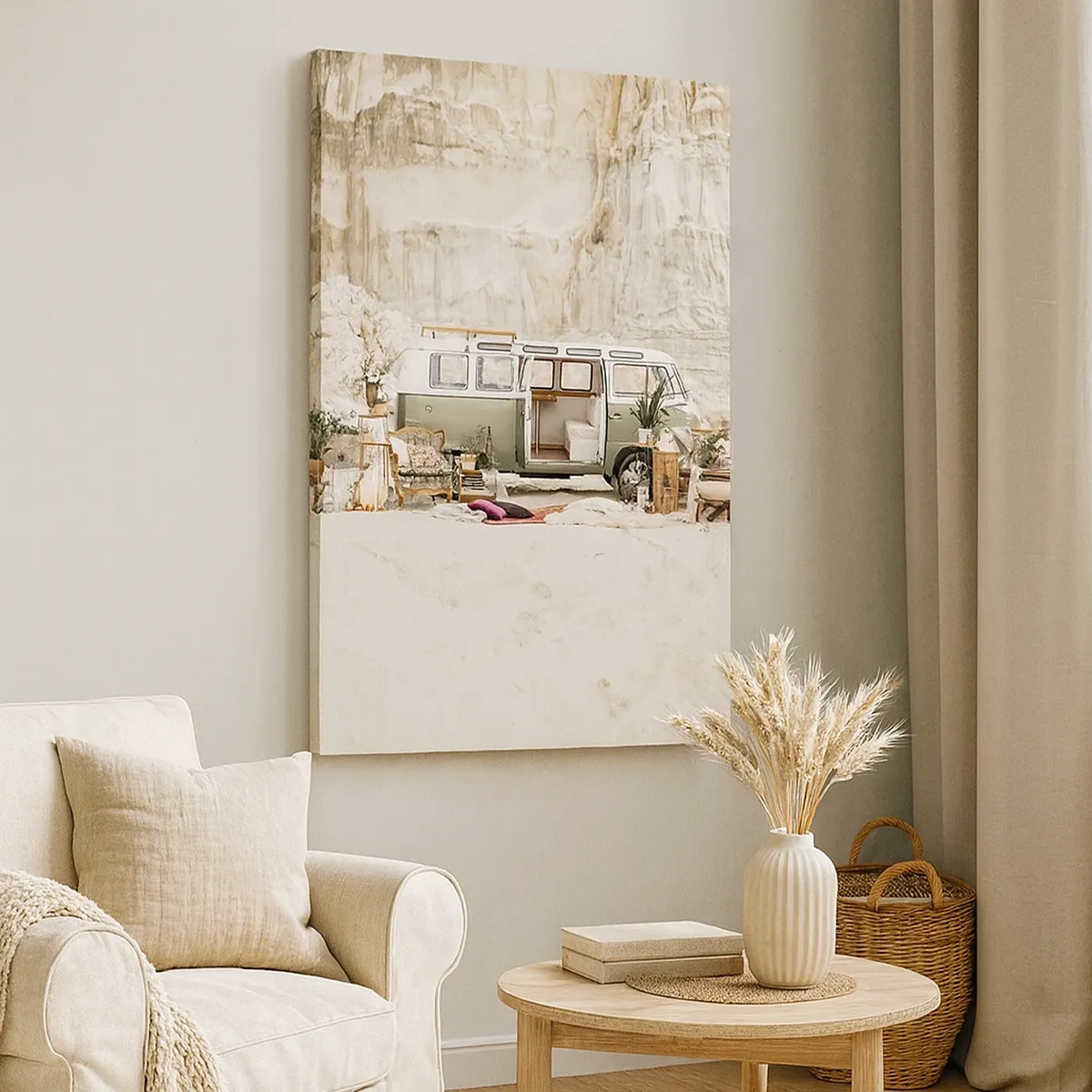 Bild auf Leinwand - Leinwandbild - Ein Retro-Camper im Boho-Design vor einer felsigen Landschaft. - 50x70cm - Es ist die Zeit, die Reise zu beginnen - Moderne Wanddekoration für Wohnzimmer und Schlafzimmer ARTTOR