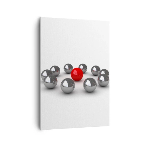 Bild auf Leinwand - Leinwandbild - Eine rote Kugel, umgeben von silbernen Kugeln auf weißem Hintergrund - 70x100cm - Ein Kreis in Silber und Rot - Moderne Wanddekoration für Wohnzimmer und Schlafzimmer ARTTOR