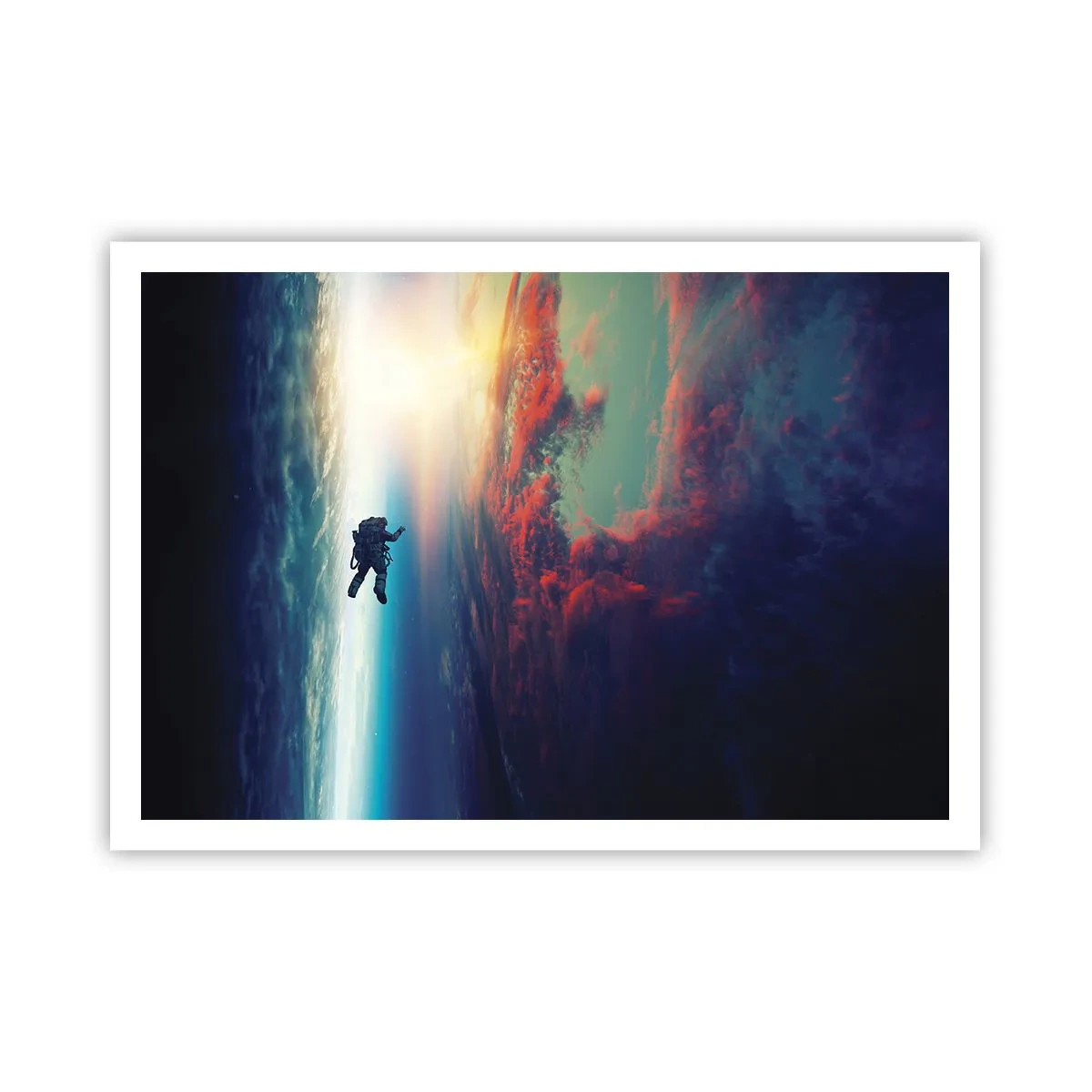 Poster - Ein Astronaut schwebt im Weltraum über einer bunten Erde - 100x70cm - Sich dem Universum stellen - Moderne Wanddekoration für Wohnzimmer und Schlafzimmer ARTTOR