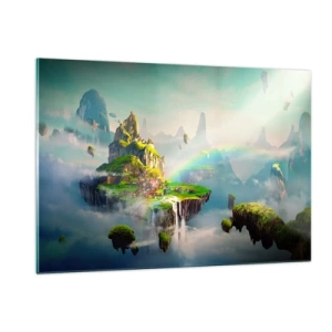 Glasbild - Bild auf glas - Fliegende Inseln in den Wolken mit Regenbögen und Wasserfällen - 120x80cm - Mitten am Himmel - glückliche Inseln - Moderne Wanddekoration für Wohnzimmer und Schlafzimmer ARTTOR