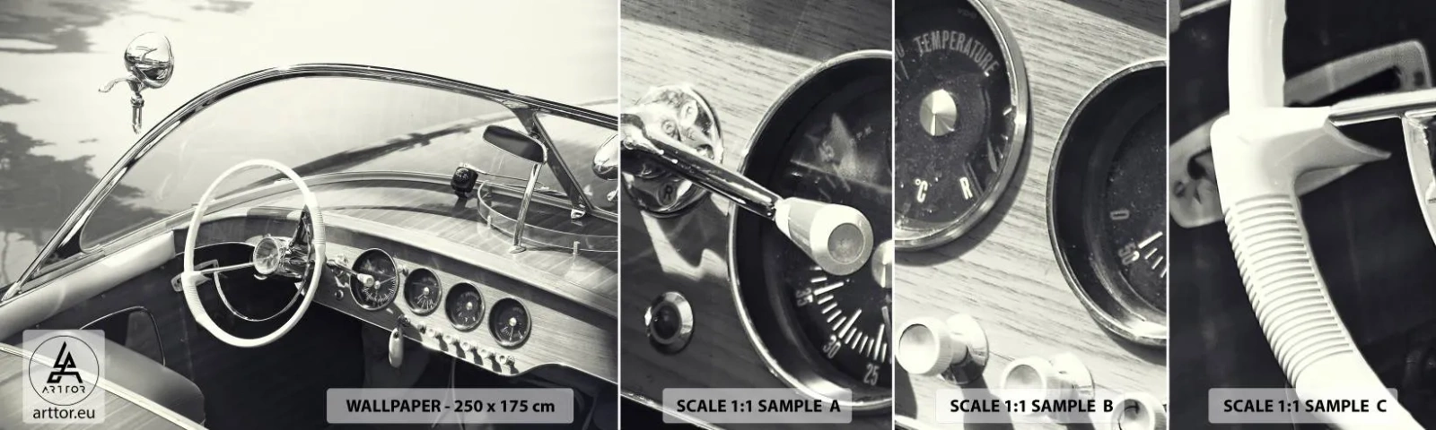 Fototapetenmuster Standard Eco - Wetter für die Reichen - Vintage-Boot, Motorboot, Schwarz und weiß - 100x30 cm