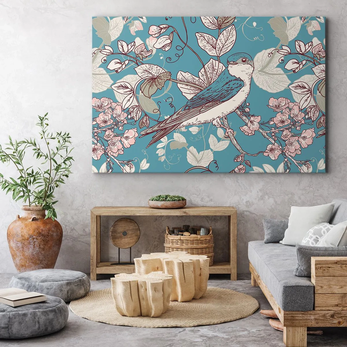 Bild auf Leinwand - Leinwandbild - Ein Vogel auf einem Ast in einem zarten Blumenstil - 70x50cm - Im Weißholz von Rot und Silber - Moderne Wanddekoration für Wohnzimmer und Schlafzimmer ARTTOR
