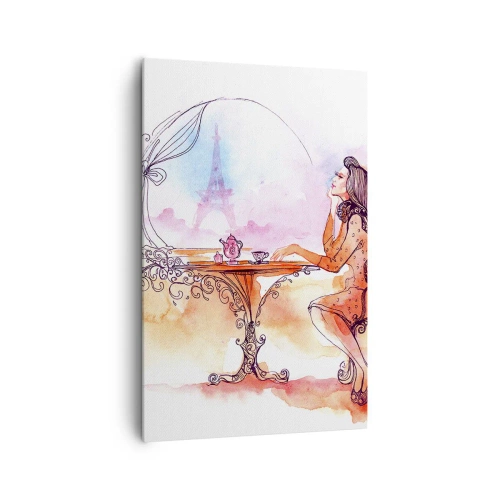 Bild auf Leinwand - Leinwandbild - Romantisches Aquarell einer Frau in einem Café mit Blick auf einen Turm - 80x120cm - Pariser Chic - Moderne Wanddekoration für Wohnzimmer und Schlafzimmer ARTTOR