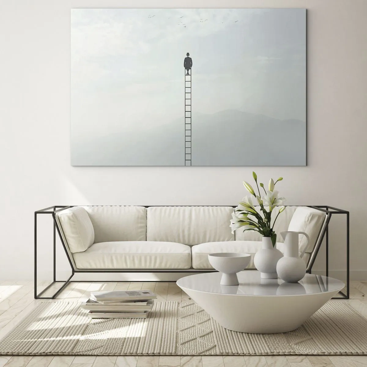Glasbild - Bild auf glas - Silhouette eines Mannes oben auf einer Leiter in den Wolken - 70x50cm - Erhebe dich darüber! - Moderne Wanddekoration für Wohnzimmer und Schlafzimmer ARTTOR