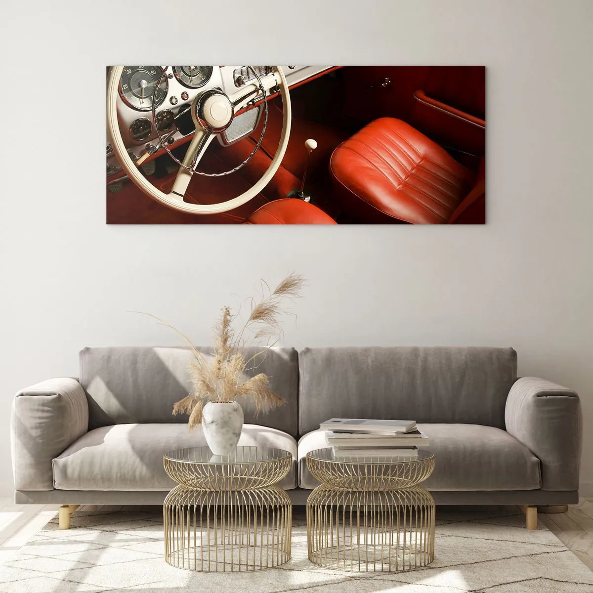 Glasbild - Bild auf glas - Oldtimer-Innenraum mit roten Ledersitzen - 120x50cm - Luxus im Vintagestil - Moderne Wanddekoration für Wohnzimmer und Schlafzimmer ARTTOR